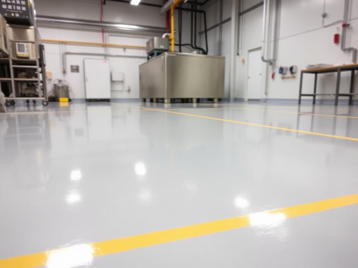 High-gloss gray epoxy coated floor with safety striping