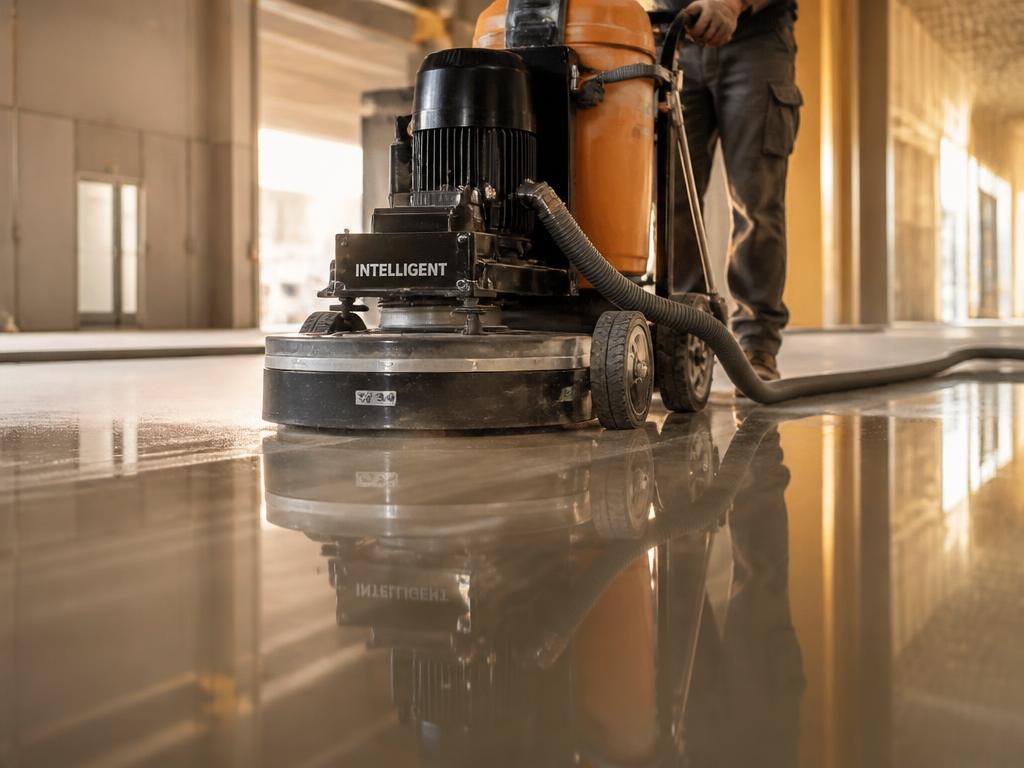 Concrete polishing machine creating a glossy floor