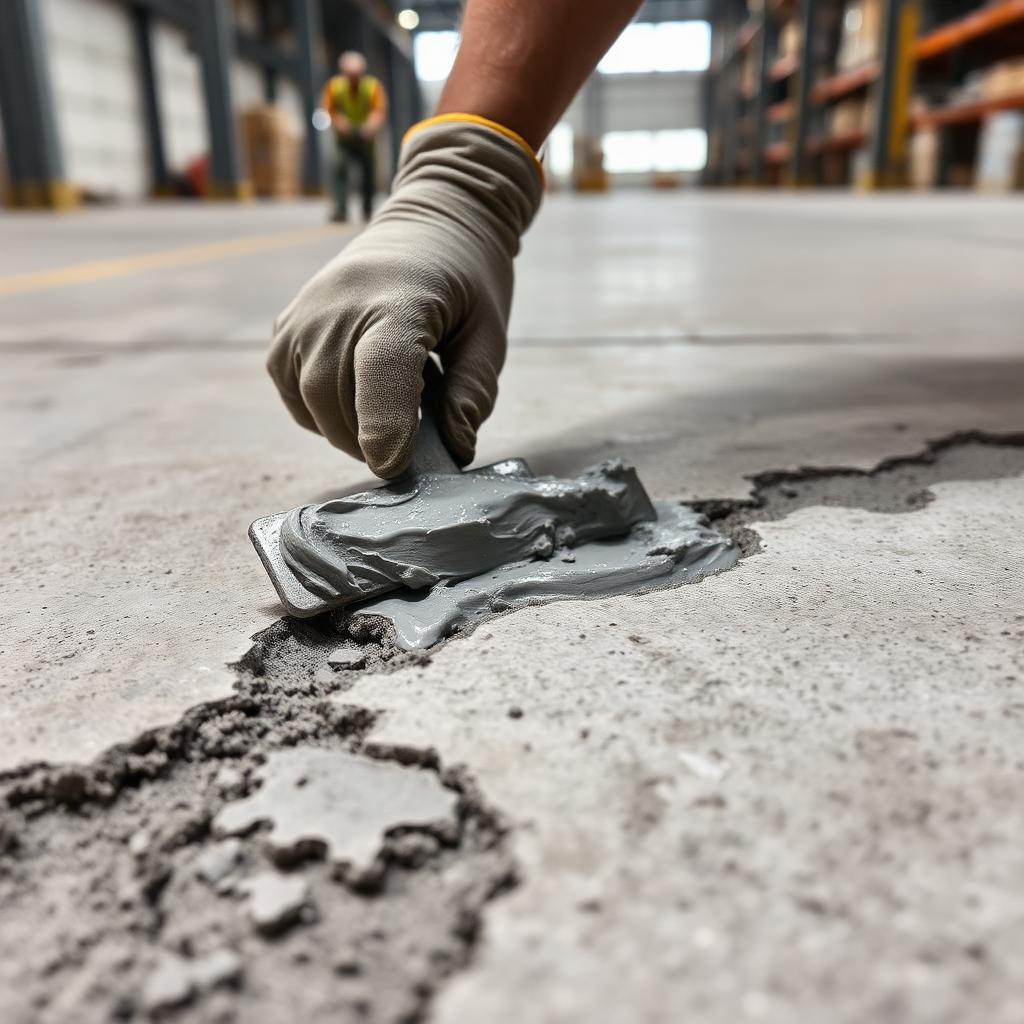 Worker troweling fresh concrete patching compound into a damaged warehouse floor