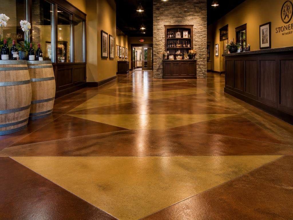Decorative stained concrete floor with geometric pattern
